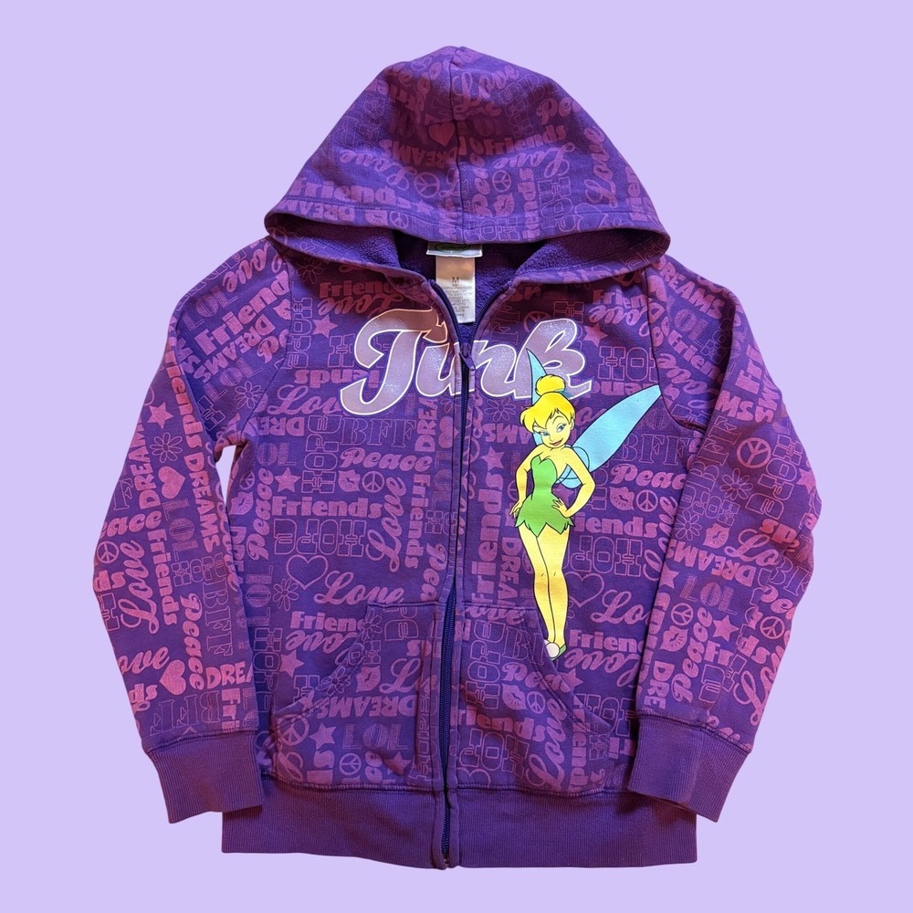 Y2K Disney Tinkerbell Purple Full Zip Hoodie Word Print Sweatshirt Scene #17